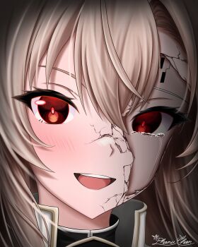 1girl :d absurdres armor artist_name black_dress blush broken_mask brown_hair commentary cracked_kawaii_mask crying crying_with_eyes_open dress english_commentary eydis_(sao) eyelashes head_only highres long_hair looking_at_viewer mask mixed-language_commentary open_mouth phanuchan red_eyes signature smile solo streaming_tears sword_art_online sword_art_online:_alicization sword_art_online:_unleashed_blading tears teeth tongue turtleneck turtleneck_dress upper_teeth_only watermark white_armor