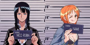 Rule 34 | 1girl, ;p, barbie (franchise), barbie (live action), barbie mugshot (meme), black dress, black hair, blue eyes, blunt bangs, breasts, character name, cleavage, closed mouth, collared shirt, cropped jacket, denim, denim jacket, dress, hashtag-only commentary, height chart, highres, holding, jacket, leather dress, light smile, looking at viewer, medium hair, meme, miuny, mugshot, nami (one piece), nami (one piece) (enies lobby), nico robin, nico robin (water 7), official alternate costume, one eye closed, one piece, orange eyes, orange hair, shirt, short hair, single sidelock, solo, tongue, tongue out, upper body