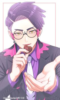 Rule 34 | 1boy, absurdres, black-framed eyewear, black hair, black jacket, candy, chocolate, collared shirt, commentary request, corbeau (pokemon), eating, food, glasses, highres, jacket, long sleeves, male focus, necktie, nintendo, open clothes, open jacket, pokemon, pokemon legends: z-a, purple hair, purple shirt, round eyewear, shirataki118, shirt, short hair, slit pupils, solo, twitter username, valentine, white background, yellow eyes