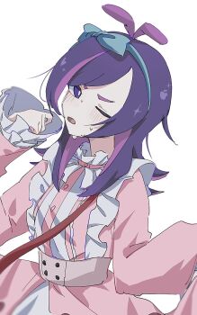 1girl bag dot_(pokemon) dress frilled_dress frills hair_ribbon highres holding long_hair long_sleeves looking_at_viewer multicolored_hair nintendo one_eye_closed open_mouth pink_dress pink_hair pokemon pokemon_(anime) pokemon_horizons purple_eyes purple_hair ribbon seiun_(hoshigumo_72) shirt simple_background solo sweatdrop white_background