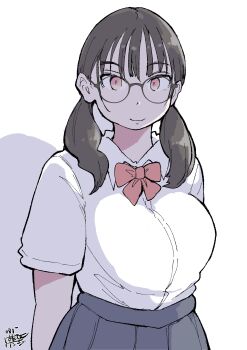 1girl absurdres arms_at_sides bow bowtie breasts brown_eyes brown_hair closed_mouth collared_shirt glasses grey_skirt hadashi_no_kenji highres large_breasts light_smile long_hair looking_at_viewer low_twintails original pleated_skirt red_bow red_bowtie school_uniform shadow shirt short_sleeves simple_background skirt smile solo twintails upper_body white_background white_shirt