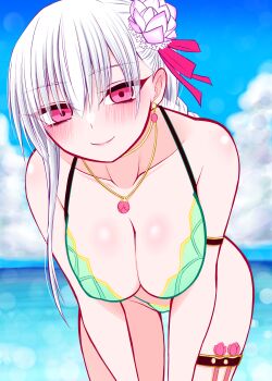 Rule 34 | 1girl, absurdres, armlet, bare shoulders, beach, bikini, blue sky, blush, braid, braided ponytail, breasts, cleavage, commentary request, earrings, fate/grand order, fate (series), flower, green bikini, hair flower, hair ornament, hair ribbon, highres, jewelry, kama (fate), kama (second ascension) (fate), kama (swimsuit avenger) (second ascension) (fate), kama (teenager) (fate), large breasts, leaning forward, long hair, looking at viewer, lotus, mcpc zamurai, necklace, ocean, pendant, red eyes, ribbon, sky, smile, solo, swimsuit, thighs, white hair