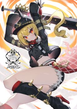 1girl arms_up baseball_bat black_boots black_helmet black_jacket black_shirt black_shorts blonde_hair blush boots brass_knuckles bright_pupils closed_mouth combat_helmet commentary_request crossed_bangs foot_out_of_frame hair_between_eyes helmet high_heel_boots high_heels highres holding holding_baseball_bat jacket knee_boots legs long_hair long_sleeves looking_at_viewer luciana_de_montefio mask matsumoto_tomoyohi metal_baseball_bat micro_shorts midriff open_clothes open_jacket pickelhaube red_eyes shirt shorts solo spiked_brass_knuckles unworn_mask weapon white_pupils zenless_zone_zero