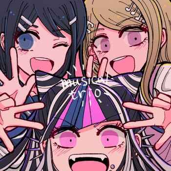 3girls akamatsu_kaede black_hair blonde_hair blue_eyes blue_hair blue_streaks blush commentary_request danganronpa:_trigger_happy_havoc danganronpa_(series) danganronpa_2:_goodbye_despair danganronpa_v3:_killing_harmony double_w ear_piercing english_text eyelashes face_piercing fangs fortissimo hair_horns hair_ornament hairclip maizono_sayaka mioda_ibuki mouth_piercing multicolored_hair multiple_girls musical_note musical_note_hair_ornament nerine_fujikawa one_eye_closed open_mouth piercing pink_eyes pink_hair pink_streaks purple_eyes smile streaked_hair teeth trait_connection upper_teeth_only w white_hair
