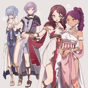 1boy 3girls :d alternate_costume ancient_greek_clothes armlet blue_hair blush bracelet braid breasts brown_eyes brown_hair brown_sandals choker cleavage closed_eyes closed_mouth commentary_request crown_braid dancer dancer_(fire_emblem:_three_houses) dark_skin dorothea_arnault dress earrings expressionless facial_mark feet_out_of_frame fire_emblem fire_emblem:_three_houses full_body gladiator_sandals greco-roman_clothes green_eyes grey_background hairband highres jewelry long_hair looking_at_viewer marianne_von_edmund medium_breasts medium_hair multiple_girls nintendo open_mouth pelvic_curtain petra_macneary ponytail purple_eyes purple_hair sandals short_hair simple_background single-shoulder_dress single_strap smile soto tunic yuri_leclerc