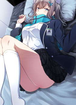 1girl animal_ear_fluff animal_ears ass blue_archive blue_jacket blue_scarf blush closed_mouth commentary_request cross_hair_ornament extra_ears grey_hair hair_between_eyes hair_ornament highres jacket kneehighs kouji_(campus_life) legs_up long_hair looking_at_viewer lying no_shoes on_back open_clothes open_jacket plaid_clothes plaid_skirt pleated_skirt scarf shiroko_(blue_archive) shirt skirt smile socks solo white_shirt white_socks wolf_ears wolf_girl