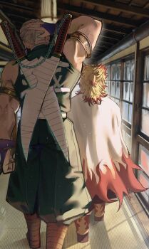 2boys arm_up armlet bandaged_weapon blonde_hair from_behind full_body gold_armlet height_difference highres jewelry kimetsu_no_yaiba male_focus multicolored_hair multiple_boys red_hair rengoku_kyoujurou size_difference standing streaked_hair two-tone_hair uzui_tengen weapon weapon_on_back white_hair yofu_(0042_2400)