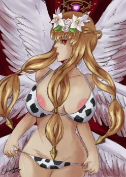 1girl absurdres angel animal_print areola_slip bikini blonde_hair breasts bright_pupils chaos_therese_(grimms_notes) cow_print cow_print_bikini grimms_notes halo highres large_breasts looking_at_viewer multiple_wings print_bikini profile red_eyes shindyne swimsuit white_pupils wings
