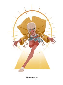 1girl aqua_eyes bare_legs bead_necklace beads bibizbbibi bikini bikini_ribbon blue_skirt blunt_bangs character_name collarbone commentary_request danganronpa_(series) danganronpa_v3:_killing_harmony dark-skinned_female dark_skin dot_nose eyelashes floating_clothes full_body hair_over_shoulder halo halo_behind_head happy highres jewelry knees lace lace-trimmed_skirt lace_trim leg_up long_hair long_sleeves looking_at_viewer low_twintails miniskirt necklace open_mouth outstretched_arm pleated_skirt raincoat ribbon shell shell_necklace simple_background skirt sleeve_cuffs slippers smile socks solo spiked_halo stomach swimsuit teeth twintails upper_teeth_only wavy_hair white_background white_bikini white_hair white_ribbon white_slippers white_socks yellow_halo yellow_raincoat yonaga_angie