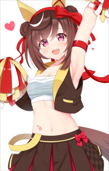1girl absurdres animal_ears arm_up armband armpits bananatsukis bandaged_chest blush breasts brown_hair brown_jacket brown_skirt buena_vista_(umamusume) cheerleader chest_sarashi cleavage collarbone double_bun ear_covers hair_between_eyes hair_bun hair_ornament hairband headband heart highres holding holding_pom_poms horse_ears horse_girl horse_tail jacket looking_at_viewer medium_breasts medium_hair midriff multicolored_hair navel open_mouth pleated_skirt pom_pom_(cheerleading) pom_poms purple_eyes red_armband red_hairband red_skirt sarashi simple_background skirt sleeveless sleeveless_jacket smile solo stomach streaked_hair tail umamusume white_background white_hair