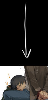 1boy 1girl absurdres arrow_(symbol) black_background black_hair blue_pants bound bound_wrists brown_jacket clenched_hands closed_eyes copyright_request couple doya erection eyelashes femdom flying_sweatdrops fusaishi_haruaki green_jacket hetero highres jacket kissing_penis musical_note pants penis raging_loop red_rope rope serizawa_chiemi shirt sitting split_screen squatting twitching unzipped white_background white_shirt