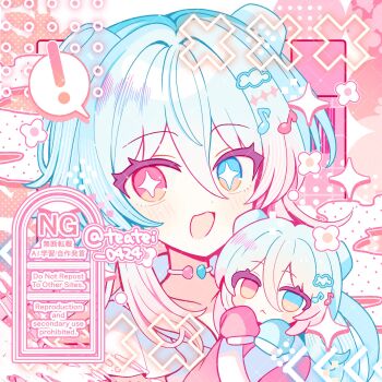 Rule 34 | !, + +, 1girl, :d, blue eyes, blue hair, blush, character doll, commentary, commission, doll, dot nose, hair between eyes, hair intakes, heterochromia, highres, holding, holding doll, long hair, looking at viewer, multicolored hair, open mouth, original, pink background, pink hair, portrait, red eyes, shirocha tei, shirt, short sleeves, skeb commission, smile, solo, spoken exclamation mark, twitter username, two-tone hair, watermark, white shirt