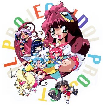 1980s_(style) 1990s_(style) 6+girls ^_^ aqua_eyes black_hair blonde_hair blue_hair brown_hair chibi closed_eyes constricted_pupils copyright_name corvette_hiyards dress electric_guitar guitar hair_ornament hairband holding holding_guitar holding_instrument idol_project instrument kaidou_extra long_hair looking_at_viewer mimu_emilton multiple_girls non-web_source oldschool one_eye_closed open_mouth pink_hair purple_hair ranrang_palpu red_eyes red_hair retro_artstyle round_eyewear ruka_essenpolka semi-rimless_eyewear short_hair simmons_layla-b. simple_background suzukaze_shion suzuki_noritaka twintails very_long_hair white_background yellow_eyes