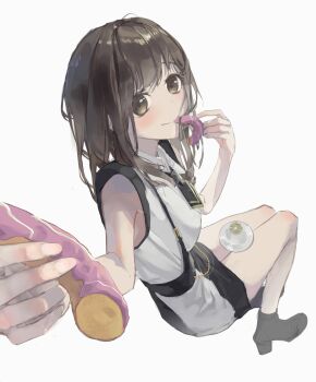 1girl absurdres bang_dream! bang_dream!_it&#039;s_mygo!!!!! black_corset black_necktie brown_eyes brown_hair closed_mouth commentary corset donut dress food highres invisible_chair jinj0121 long_hair looking_at_viewer necktie short_necktie simple_background sitting sleeveless sleeveless_dress solo sumita_mana white_background white_dress