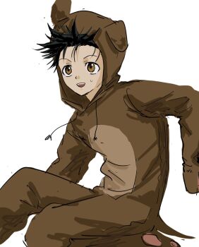 1boy animal_costume black_hair costume gon_freecss highres hood hood_up hunter_x_hunter male_focus open_mouth shc0987 solo white_background