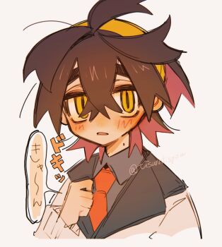 1boy arm_up black_hair black_shirt blueberry_academy_school_uniform blush collared_shirt colored_inner_hair commentary_request cropped_torso crossed_bangs double-parted_bangs hairband highres kieran_(pokemon) long_sleeves male_focus multicolored_hair necktie nintendo open_mouth pokemon pokemon_sv purple_hair red_necktie school_uniform shirt simple_background slit_pupils solo tisanntisyou translation_request white_background wing_collar yellow_eyes yellow_hairband