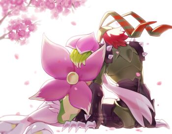 Rule 34 | 1boy, 1girl, brown hair, bug, cherry blossoms, commentary, compound eyes, confeito000 333, digimon, digimon (creature), digimon xros wars, from behind, green leotard, highres, insect wings, leotard, lilamon, petals, pink petals, pink wings, short hair, sitting, stingmon, symbol-only commentary, transparent wings, white background, wings