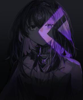 1girl arknights black_bow black_eyes black_hair black_sweater bow closed_mouth commentary_request dark dark_background fumi_(rdbm) hair_between_eyes heterochromia highres light_smile looking_at_viewer medium_hair partial_commentary portrait priestess_(arknights) prts_logo_(arknights) purple_eyes solo sweater turtleneck turtleneck_sweater