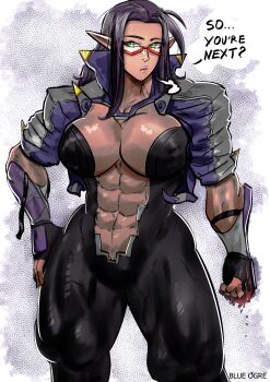 1girl abs absurdres artist_name black_bodysuit blood blood_on_hands blue_ogre blue_ogre(artist) bodysuit breasts cherise_(xlauncher) clenched_hand english_text frown glasses green_eyes hand_on_own_hip high_collar highres jacket large_breasts long_hair mole mole_under_mouth muscular muscular_female open_clothes open_jacket original pointy_ears purple_hair red-framed_eyewear sigh solo thick_thighs thighs