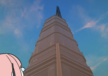 2girls absurdres animal_ears chibi comically_large_ears fox_ears glasses highres hoshimi_miyabi looking_up multiple_girls out_of_frame outdoors pink_hair shinonome_nashi sky tower tsukishiro_yanagi zenless_zone_zero