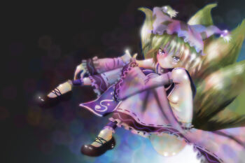 1girl absurdres animal_ears ankle_cuffs ankle_garter ass bad_id bad_pixiv_id blonde_hair blush breasts dress female_focus fox_ears fox_tail frills hat highres kazukiyonemoto hugging_own_legs naked_tabard purple_eyes shoes short_hair sideboob small_breasts solo tabard tail touhou yakumo_ran