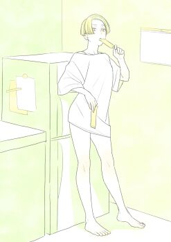 1girl barefoot bra_strap breasts commentary_request earrings food full_body highres holding holding_food holding_popsicle jewelry limited_palette medium_breasts off-shoulder_shirt off_shoulder original popsicle refrigerator shibakou shirt short_hair solo stud_earrings t-shirt wide_sleeves yellow_theme