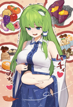 1girl akebia_fruit apple bare_shoulders belly_grab blue_eyes blue_skirt blue_trim bow bowl breasts chestnut commentary_request detached_sleeves fig food frog_hair_ornament fruit grapes green_hair hair_ornament hair_tubes heart highres kanpa_(campagne_9) kochiya_sanae matsutake_mushroom mont_blanc_(food) muffin_top mushroom nashi_pear navel persimmon plump rice rice_bowl roasted_sweet_potato shirt single_hair_tube skirt snake_hair_ornament sweet_potato tearing_up touhou translation_request weight_conscious white_shirt