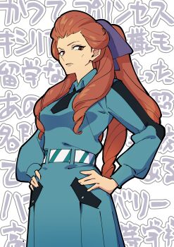 1girl absurdres alternate_costume belt black_necktie blue_dress bow cheekbones closed_mouth cowboy_shot dress gundam gundam_gquuuuuux hair_bow hanahiyo_(hoimin) hands_on_own_hips highres kycilia_zabi lipstick long_hair long_sleeves looking_to_the_side makeup necktie purple_bow red_eyes red_hair ringlets simple_background solo text_background translation_request updo white_background