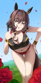 1girl absurdres animal_ears black_sports_bra blurry braid braided_hair_rings breasts brown_hair brown_tail cleavage depth_of_field ear_covers falling_petals flower gentildonna_(umamusume) gluteal_fold hair_ornament hair_rings hand_on_own_hip highres horse_ears horse_girl horse_tail large_breasts leaning_forward long_hair looking_at_viewer navel open_mouth panties petals red_eyes red_flower red_panties red_petals red_rose rose rose_petals solo sports_bra stomach striped_wristband sweat tail thighs umamusume underwear woongbi wristband