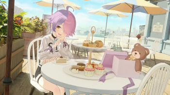 1girl absurdres benghuai_xueyuan black_choker blue_sky blush box building cake cake_slice chair choker city cloud commentary_request cropped_sweater cupcake dating day dessert english_text fishnets flower food fork hair_over_one_eye hand_on_own_face head_rest highres holding holding_fork honkai_(series) long_sleeves looking_at_viewer multicolored_hair open_mouth outdoors pink_hair plant plate purple_hair sharp_teeth short_hair sign sin_mal sin_mal0909 sitting sky smile solo split-color_hair stuffed_animal stuffed_toy sweater table teddy_bear teeth two-tone_hair umbrella upper_teeth_only white_sweater yellow_eyes