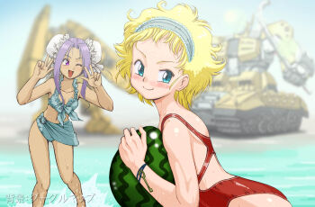 2girls beach bikini blonde_hair blue_bikini blue_bow blue_eyes blue_sarong blurry blurry_background bow bow_bikini bracelet breasts bun_cover caterpillar_tracks closed_mouth competition_swimsuit dark-skinned_female dark_skin double_bun double_w food frilled_bikini frilled_hairband frills fruit grey_hairband hair_bun hairband hands_up jewelry key leaning_forward looking_back mecha multiple_girls navel one-piece_swimsuit one_eye_closed open_mouth original outdoors protonozawa purple_eyes purple_hair racerback red_one-piece_swimsuit robot sarong short_hair small_breasts smile standing swimsuit w watermelon wet