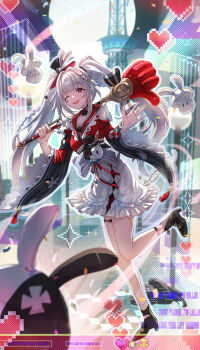 Rule 34 | 1girl, ;o, absurdres, black hat, black shoes, braid, breasts, capelet, choker, clothing cutout, commentary request, diamond (shape), diamond facial mark, facial mark, full body, full moon, hair intakes, hammer, hat, hat ornament, heart, heart facial mark, high heels, highres, holding, holding hammer, holding weapon, honkai: star rail, honkai (series), isome, long hair, long sleeves, looking at viewer, medium breasts, mini hat, mini top hat, moon, no gloves, official alternate costume, one eye closed, open mouth, purple eyes, rabbit, rabbit hat ornament, red capelet, shirt, shoes, shoulder cutout, skirt, smile, solo, sparkle (honkai: star rail), sparxie (honkai: star rail), thigh strap, thumbs down, thumbs up, top hat, tower, twintails, very long hair, weapon, white hair, white shirt, white skirt, wide sleeves