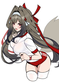 1girl :d alternate_costume animal_ears black_streaks breasts brown_hair droopy_ears eyeliner fox_ears fox_girl hair_ornament hashtag-only_commentary headband highres large_breasts leaning_forward light_blush long_hair makeup matrix16 open_mouth red_eyes red_ribbon ribbon shirt shorts skindentation smile thighhighs very_long_hair watch wristwatch ye_shunguang zenless_zone_zero