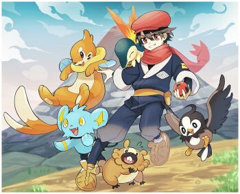 1boy bidoof black_hair border buizel cyndaquil day galaxy_expedition_team_survey_corps_uniform gen_2_pokemon gen_4_pokemon hair_between_eyes hat highres hisuian_poke_ball holding holding_poke_ball iv_4t mountain newsboy_cap nijisanji nintendo outdoors poke_ball pokemon pokemon_legends:_arceus red_eyes red_hat red_scarf sash scarf shinx short_hair solo starly undershirt virtual_youtuber white_border yellow_sash yumeoi_kakeru