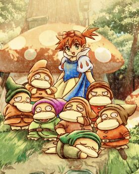 1girl :d alternate_costume asymmetrical_hair bed bedroom belt bow brown_hair cape closed_eyes cosplay dress facial_hair fake_facial_hair forest gen_1_pokemon grass green_eyes hair_bow hair_ornament hat highres indoors looking_at_viewer lying misty_(pokemon) mushroom mustache nature nintendo open_mouth orange_hair outdoors pokemon pokemon_(anime) pokemon_(classic_anime) ponytail psyduck puff_and_slash_sleeves puffy_short_sleeves puffy_sleeves red_bow short_hair short_sleeves side_ponytail sleeping smile snow_white_(disney) snow_white_and_the_seven_dwarfs_(disney) sweatdrop tree