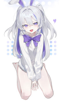 1girl absurdres animal_ears barefoot between_legs blush bow commentary double-parted_bangs english_commentary engrish_commentary fake_animal_ears fang full_body grey_skirt hair_between_eyes hand_between_legs heart highres huu_(dighapdlxm12) legs long_hair long_sleeves looking_at_viewer microskirt open_mouth original pleated_skirt purple_bow purple_eyes rabbit_ears raised_inner_eyebrows seiza shirt shirt_bow sitting skin_fang skirt smile solo straight-on two_side_up white_background white_hair white_shirt