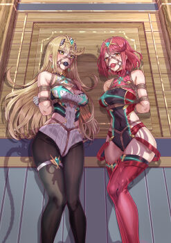3girls absurdres ball_gag bdsm blonde_hair bondage bound breasts brighid_(xenoblade) captured cleavage_cutout clothing_cutout femdom gag highres kidnapped leveen looking_at_viewer multiple_girls mythra_(massive_melee)_(xenoblade) mythra_(xenoblade) pyra_(xenoblade) red_eyes red_hair scared shadow shaking shibari sweat swept_bangs thigh_strap thighs tiara xenoblade_chronicles_(series) xenoblade_chronicles_2 yellow_eyes