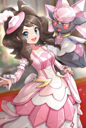 1girl :d blue_eyes blurry blurry_background breasts brown_hair collarbone commentary_request cowboy_shot curly_hair diancie dress dress_tug frilled_sleeves frills gen_6_pokemon glint gonzarez hat high_ponytail highres hilda_(pokemon) hilda_(special_costume)_(pokemon) indoors large_breasts legendary_pokemon long_hair long_sleeves looking_at_viewer mini_hat mythical_pokemon nintendo official_alternate_costume open_mouth partial_commentary pink_dress pokemon pokemon_(creature) pokemon_masters_ex ponytail sidelocks smile standing teeth two-tone_dress upper_teeth_only white_day