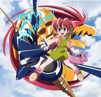 Rule 34 | 1boy, 1other, 2girls, absurdres, android, anniversary, arm blade, armor, asagi marin, brigadoon, brown hair, clenched hand, cloud, colored sclera, colored skin, glasses, green eyes, green skin, green skirt, highres, kushaton, lolo (brigadoon), loose socks, melan blue, multiple girls, open mouth, outdoors, outstretched hand, pink shirt, pink socks, poikun, ponytail, red eyes, red hair, rikutou (banamiso), shirt, shoes, short hair, skirt, socks, standing, weapon, yellow sclera, yellow skin