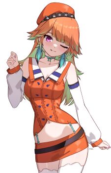 1girl ;p absurdres beret breasts buttons colored_inner_hair detached_sleeves double-breasted gradient_hair green_hair hat highres hololive hololive_english long_hair medium_breasts miniskirt multicolored_hair one_eye_closed orange_hair orange_hat orange_skirt orange_vest purple_eyes simple_background skirt solo standing takanashi_kiara takanashi_kiara_(1st_costume) thighhighs tongue tongue_out vest virtual_youtuber white_background white_thighhighs x_xith_x