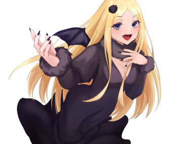 1girl black_dress black_nails black_neckwear blonde_hair blue_eyes breasts cleavage demon_girl demon_wings dress fur_collar fur_trim implied_singing long_hair nail_polish open_mouth overlord_(maruyama) renner_theiere_chardelon_ryle_vaiself sharp_nails small_breasts very_long_hair wings yandere