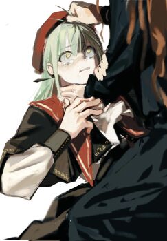 2girls bang_dream! bang_dream!_it's_mygo!!!!! beret black_capelet blue_shirt blue_skirt brown_hair capelet chinese_commentary commentary_request cracy_logan grabbing_another's_hair green_hair hat highres holding_another's_hair long_hair mortis_(bang_dream!) mortis_(costume)_(bang_dream!) multiple_girls nagasaki_soyo red_hat shirt simple_background skirt strangling wakaba_mutsumi white_background white_shirt