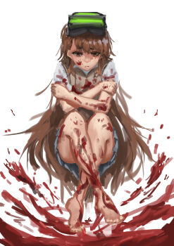 1girl absurdres asymmetrical_bangs bare_arms bare_legs barefoot blood blood_on_arm blood_on_clothes blood_on_face blood_on_feet blood_on_hands blood_on_leg brown_eyes brown_hair brown_sweater brown_sweater_vest brown_vest closed_mouth commentary english_commentary eyewear_on_head goggles goggles_on_head grey_skirt highres krin_(krinnin) long_hair miniskirt misaka_imouto night_vision_device pleated_skirt school_uniform self_hug shaded_face shirt short_sleeves skirt sleeveless sleeveless_sweater solo summer_uniform sweater sweater_vest toaru_kagaku_no_railgun toaru_kagaku_no_railgun_s toaru_majutsu_no_index tokiwadai_school_uniform very_long_hair vest white_background white_shirt
