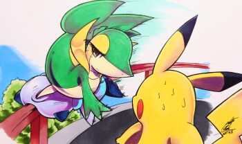 Rule 34 | 025aki, absurdres, brown eyes, colored skin, commentary request, dated, gen 1 pokemon, gen 5 pokemon, green skin, highres, looking at another, motion lines, nintendo, no humans, oshawott, pikachu, pokemon, pokemon (creature), signature, snivy, sweat, tail, yellow fur