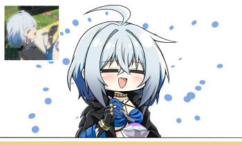 1girl ahoge black_jacket blue_bra blue_nails bra breasts closed_eyes commentary_request fingernails food galbrena_(wuthering_waves) highres holding holding_spoon jacket korean_commentary long_fingernails medium_breasts mutation official_art_inset open_mouth shaved_ice smile solo spoon underwear windy_(jazz9207) wuthering_waves