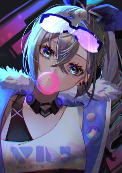 Rule 34 | 1girl, absurdres, badge, black bra, black collar, black jacket, blowing bubble gum, blowing bubbles, blue-tinted eyewear, bow, bra, bra strap, button badge, chewing gum, chinese commentary, collar, collarbone, commentary, crossed bangs, drill hair, drill ponytail, ear piercing, fur-trimmed jacket, fur trim, goggles, goggles on head, gradient-tinted eyewear, grey eyes, grey hair, hair between eyes, hair bow, hair intakes, head tilt, highres, honkai: star rail, honkai (series), jacket, long hair, looking at viewer, open clothes, open jacket, piercing, purple-tinted eyewear, purple bow, rayla (rayla illust), shirt, silver wolf (honkai: star rail), single-shoulder shirt, solo, tinted eyewear, underwear, upper body, white shirt