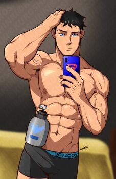 1boy absurdres armpits black_hair black_male_underwear blue_eyes bottle bulge cellphone closed_mouth clothes_writing dc_comics erection erection_under_clothes hand_on_own_head highres holding holding_phone kuroshinki looking_at_viewer male_focus male_underwear muscular muscular_male nipples phone shampoo_challenge short_hair solo superboy superman_(series) topless_male underwear underwear_only water_bottle young_justice