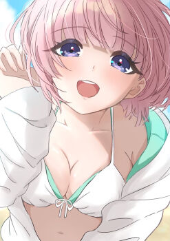 1girl arimura_mao bikini blunt_bangs blush breasts collarbone commentary_request front-tie_bikini_top front-tie_top gakuen_idolmaster halterneck highres idolmaster jacket kimi_to_semi_blue_(idolmaster) looking_at_viewer medium_breasts navel official_alternate_costume open_clothes open_jacket outdoors pink_hair purple_eyes short_hair smile solo stomach swimsuit teeth two-sided_fabric two-sided_jacket upper_teeth_only white_bikini white_jacket ya_(khpg4847)