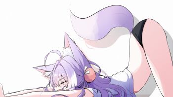 1girl ahoge animal_ear_fluff animal_ears arched_back artist_request ass black_panties closed_eyes commentary_request feet_out_of_frame fox_ears fox_girl fox_tail from_side hair_intakes hair_ornament highres korean_commentary long_hair multicolored_hair no_pants open_mouth panties pom_pom_(clothes) pom_pom_hair_ornament profile purple_hair second-party_source shadow shirt short_sleeves simple_background solo stellive streaked_hair stretching tail tenko_shibuki top-down_bottom-up underwear virtual_youtuber white_background white_shirt