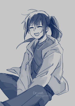 1girl absurdres closed_eyes criteria facing_viewer figure_four_sitting floating_hair grin high_ponytail highres hood hood_down jacket lee_jihye omniscient_reader&#039;s_viewpoint ponytail shirt sidelocks sitting smile solo